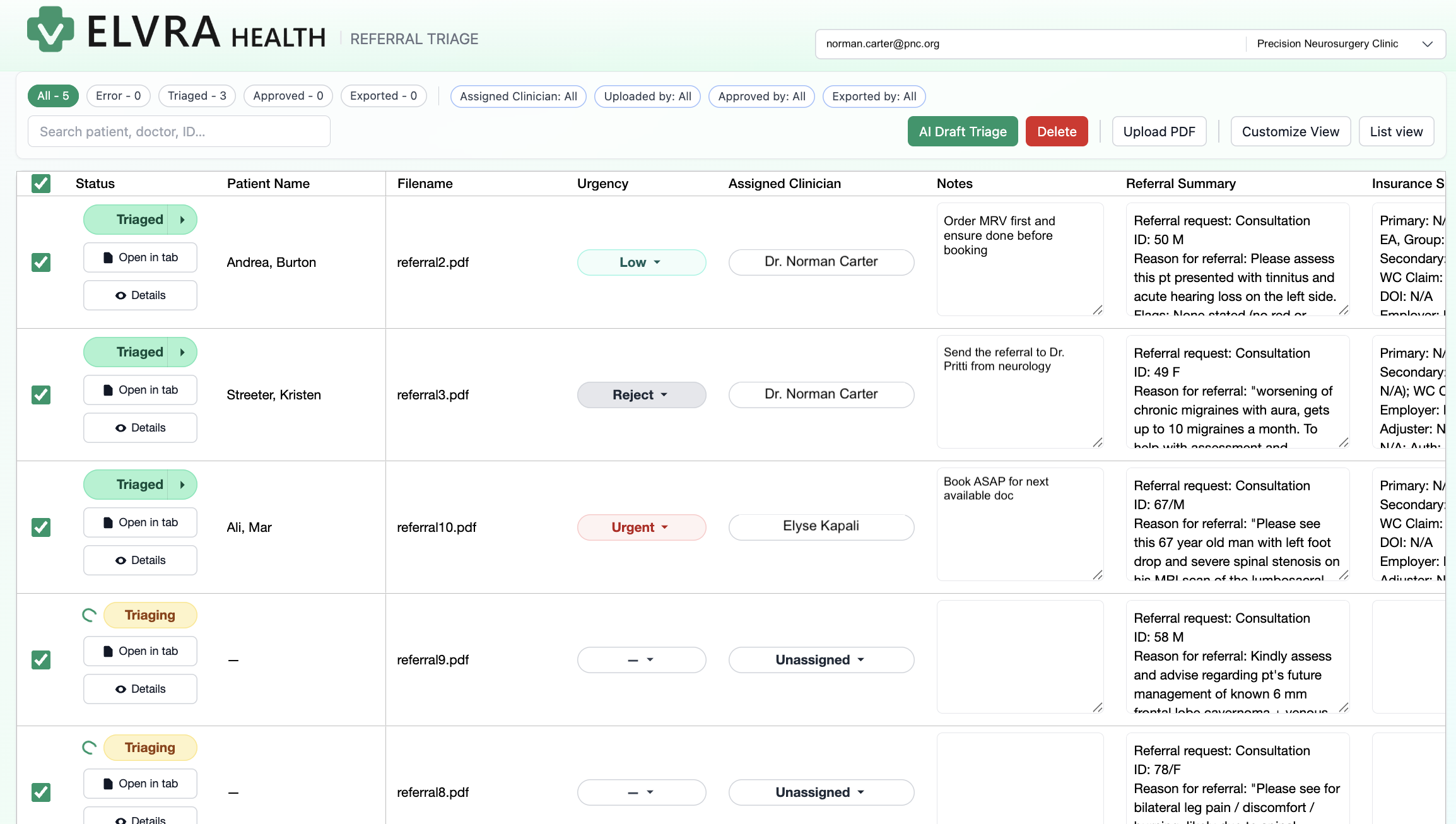Elvra Health dashboard showing referral triage interface